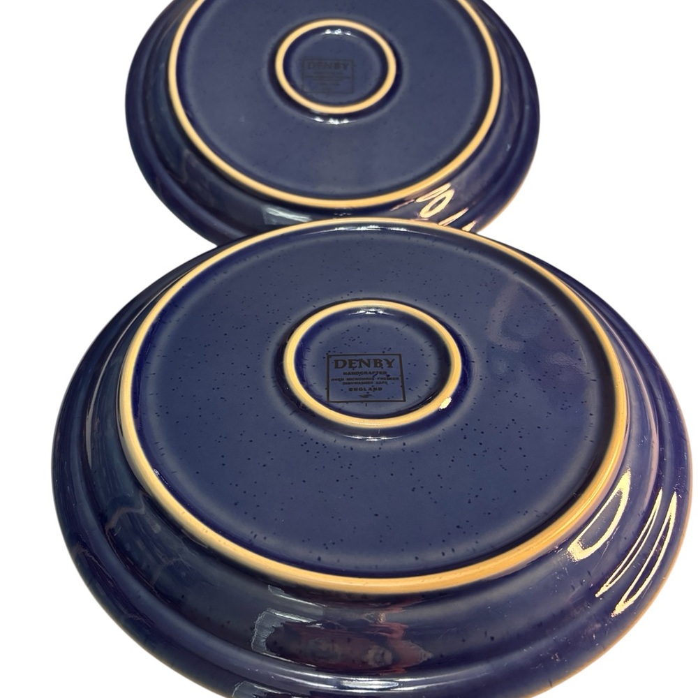 2 Denby Harlequin Dinner Plates Stoneware Navy Blue Rim Green Speckled Center - Picture 6 of 8